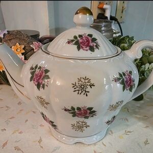 Floral Ceramic Teapot with Gold Accents
